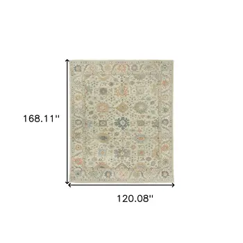 10' X 14' Beige And Green Wool Oriental Hand Knotted Area Rug With Fringe