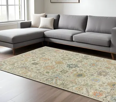 9' X 12' Beige And Green Wool Oriental Hand Knotted Area Rug With Fringe