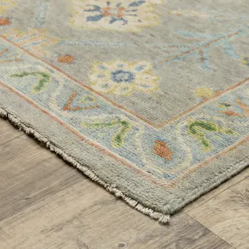10' X 14' Gray Green And Yellow Wool Oriental Hand Knotted Area Rug With Fringe