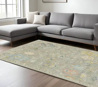 10' X 14' Gray Green And Yellow Wool Oriental Hand Knotted Area Rug With Fringe
