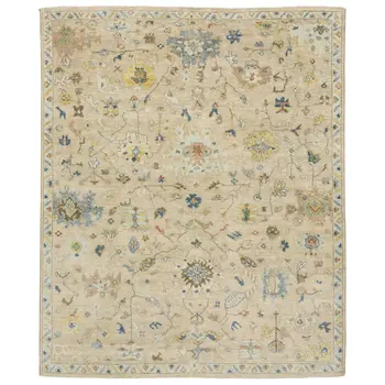 10' X 14' Gray Green And Yellow Wool Oriental Hand Knotted Area Rug With Fringe