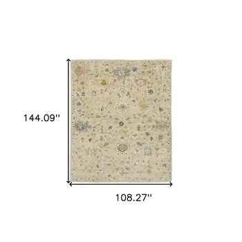 9' X 12' Gray Green And Yellow Wool Oriental Hand Knotted Area Rug With Fringe