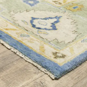 10' X 14' Blue And Green Wool Oriental Hand Knotted Area Rug With Fringe