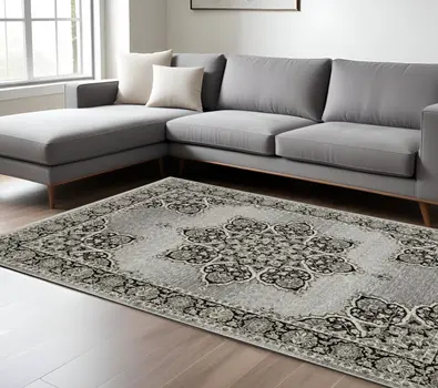 10' X 13' Gray And Black Medallion Area Rug With Fringe