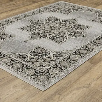8' X 11' Gray And Black Medallion Area Rug With Fringe