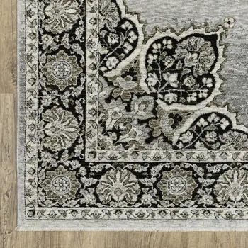 8' X 11' Gray And Black Medallion Area Rug With Fringe