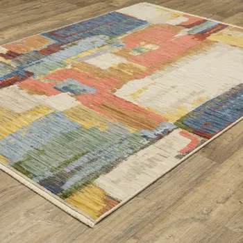 10' X 13' Pink Red And Yellow Abstract Area Rug With Fringe