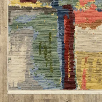 10' X 13' Pink Red And Yellow Abstract Area Rug With Fringe