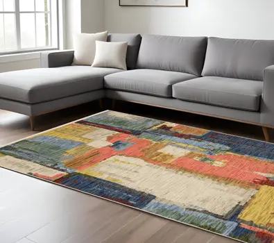 8' X 11' Pink Red And Yellow Abstract Area Rug With Fringe