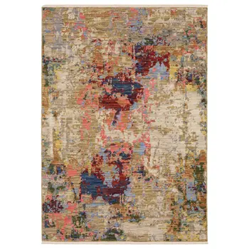 10' X 13' Beige Salmon And Tan Abstract Area Rug With Fringe