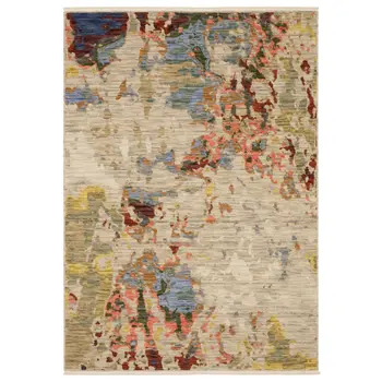 8' X 11' Beige Salmon And Tan Abstract Area Rug With Fringe