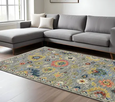 8' X 11' Gray Salmon And Yellow Oriental Area Rug With Fringe