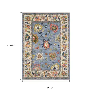 8' X 11' Blue Ivory And Yellow Oriental Area Rug With Fringe