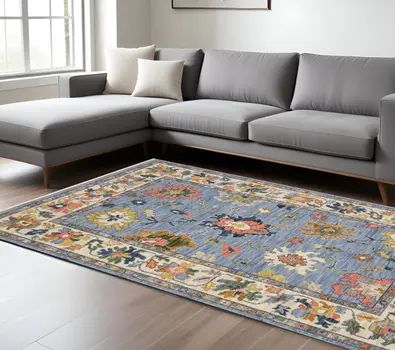 8' X 11' Blue Ivory And Yellow Oriental Area Rug With Fringe