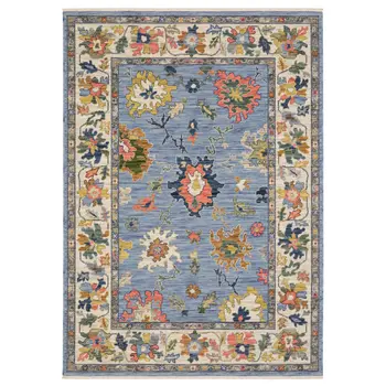 8' X 11' Blue Ivory And Yellow Oriental Area Rug With Fringe