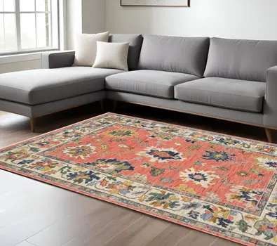 10' X 13' Salmon Blue And Yellow Oriental Area Rug With Fringe