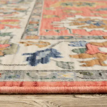 10' X 13' Salmon Blue And Yellow Oriental Area Rug With Fringe