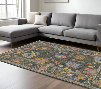 10' X 13' Gray Yellow And Orange Oriental Area Rug With Fringe
