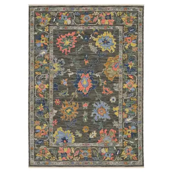 10' X 13' Gray Yellow And Orange Oriental Area Rug With Fringe