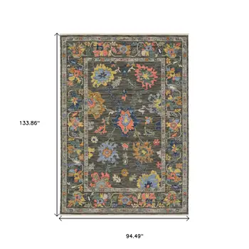 8' X 11' Gray Yellow And Orange Oriental Area Rug With Fringe