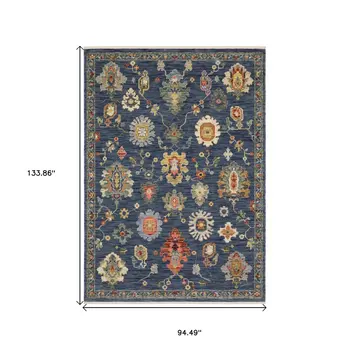 8' X 11' Blue Yellow And Red Oriental Area Rug With Fringe