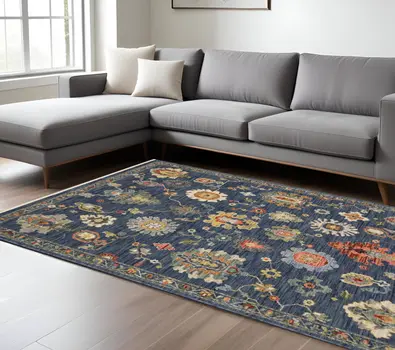 8' X 11' Blue Yellow And Red Oriental Area Rug With Fringe