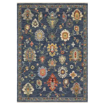 8' X 11' Blue Yellow And Red Oriental Area Rug With Fringe