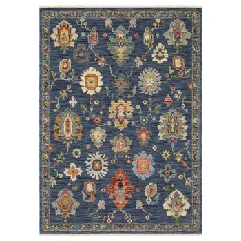 8' X 11' Blue Yellow And Red Oriental Area Rug With Fringe