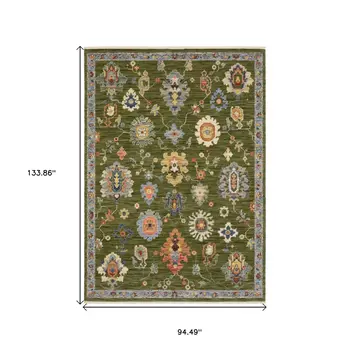 8' X 11' Green Blue And Yellow Oriental Area Rug With Fringe