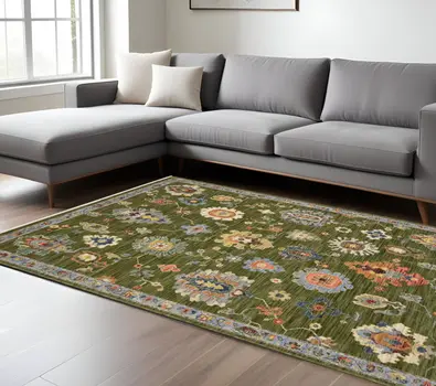 8' X 11' Green Blue And Yellow Oriental Area Rug With Fringe