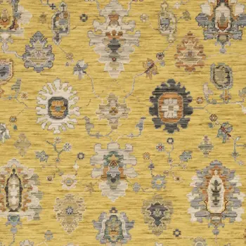 10' X 13' Yellow Gray And Black Oriental Area Rug With Fringe
