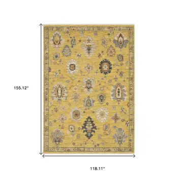 10' X 13' Yellow Gray And Black Oriental Area Rug With Fringe