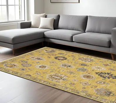 8' X 11' Yellow Gray And Black Oriental Area Rug With Fringe