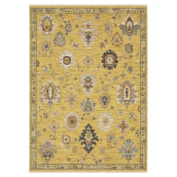 8' X 11' Yellow Gray And Black Oriental Area Rug With Fringe