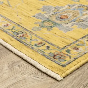8' X 11' Yellow Gray And Black Oriental Area Rug With Fringe