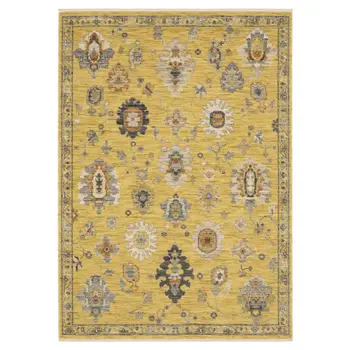 8' X 11' Yellow Gray And Black Oriental Area Rug With Fringe