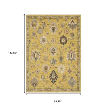 8' X 11' Yellow Gray And Black Oriental Area Rug With Fringe