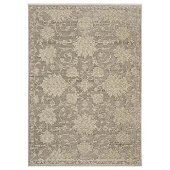 10' X 13' Gray And Beige Floral Area Rug With Fringe