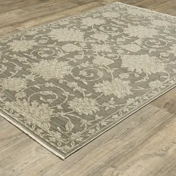 10' X 13' Gray And Beige Floral Area Rug With Fringe