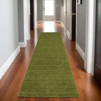 8' Green Wool Hand Tufted Runner Rug