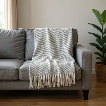 51" X 67" Gray Cotton Woven Herringbone Throw Blanket with Fringe
