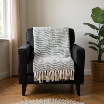 51" X 67" Gray Cotton Woven Herringbone Throw Blanket with Fringe