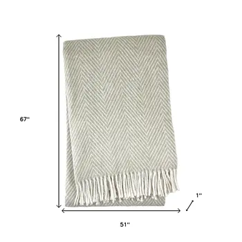 51" X 67" Beige Cotton Woven Herringbone Throw Blanket with Fringe