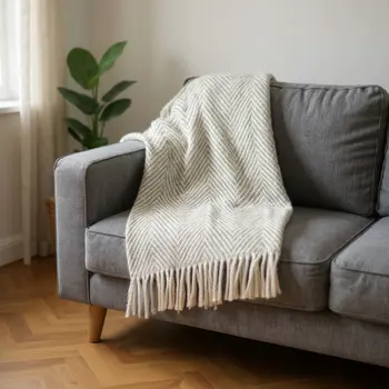 51" X 67" Beige Cotton Woven Herringbone Throw Blanket with Fringe