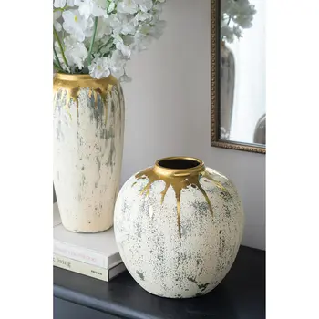 10" Gold Gray And Ivory Abstract Round Ceramic Table Vase