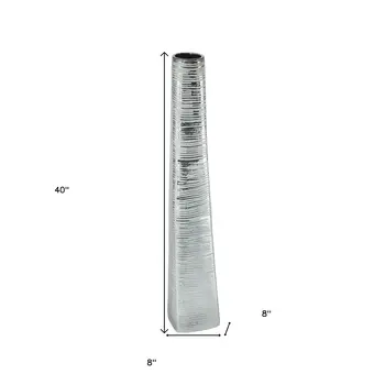 40" Silver Striped Tapered Ceramic Floor Vase
