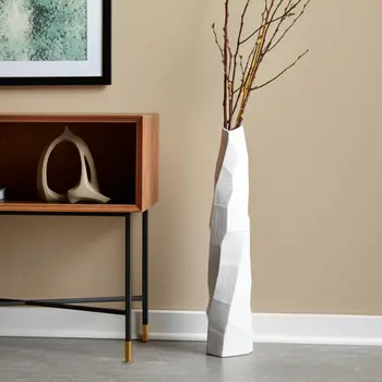 40" White Faceted Geometric Ceramic Floor Vase
