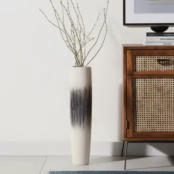 39" Cream Blue And Brown Abstract Tapered Ceramic Floor Vase