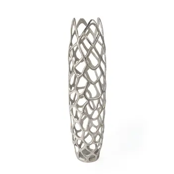30" Silver Abstract Pierced Cast Aluminum Oval Floor Vase