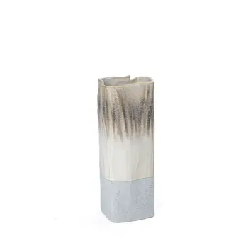 12" Brown Light Blue And Off White Color Block Square Ceramic Table Vase